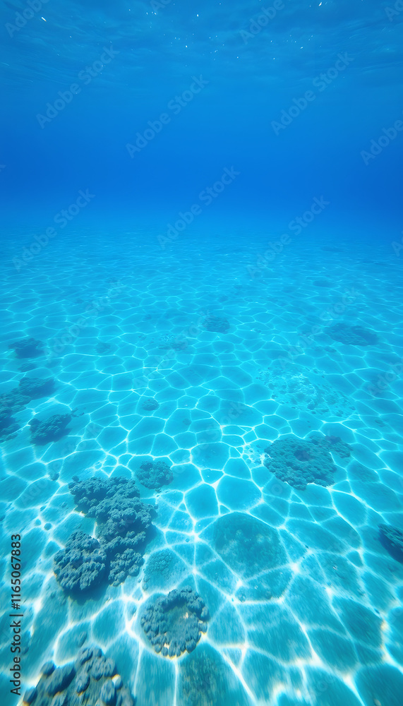 Fototapeta premium Serene Seabed: Captivating Blue Ocean Background with Sunlight and Undersea Wonders, minimalism, with white tones
