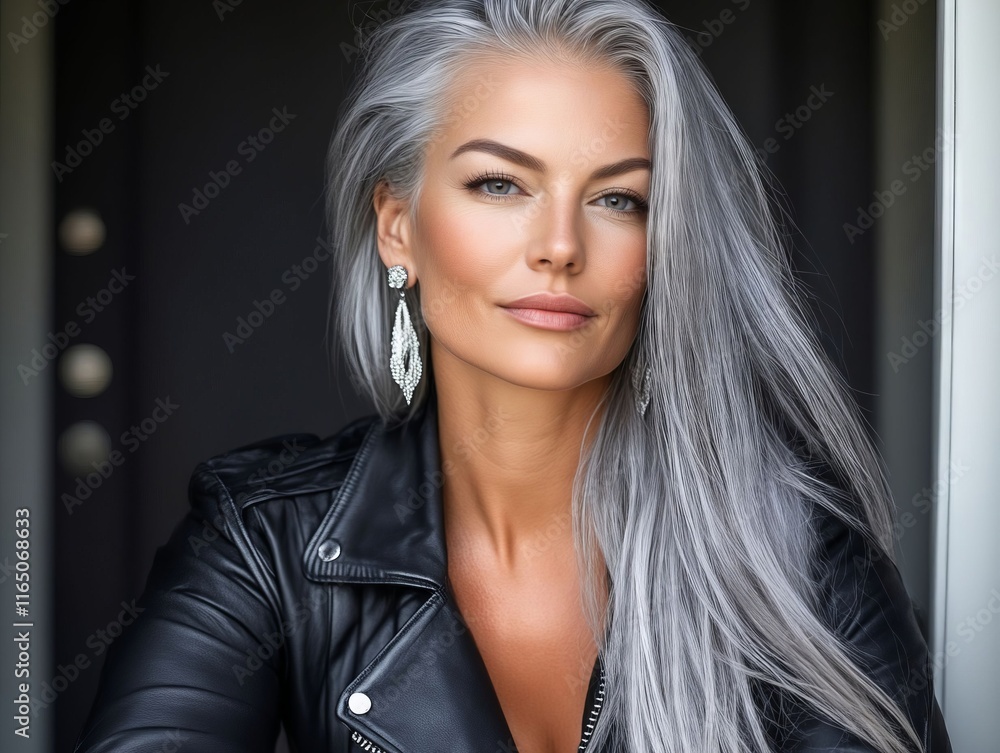 Fototapeta premium A woman with long gray hair wearing a black leather jacket