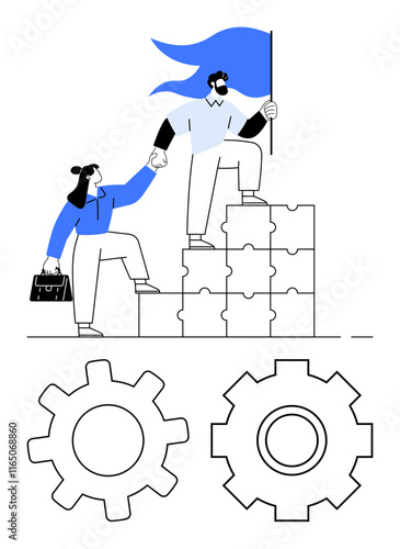 Two professionals climb puzzle block steps while holding hands, symbolizing teamwork. Blue flag signals leadership and goals. Gears below imply process. Ideal for collaboration, strategy, mentorship