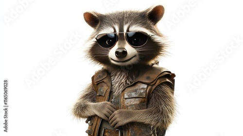 A cool raccoon wearing sunglasses and a leather vest, isolated on white background. photo