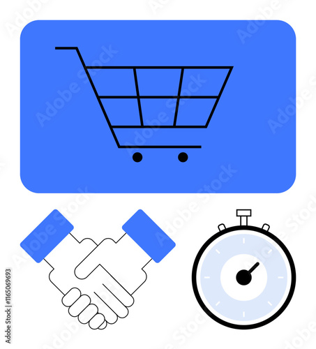 Shopping cart handshake and stopwatch. Ideal for business commerce, partnership, efficiency, time management, collaboration, online shopping, customer service. Line metaphor