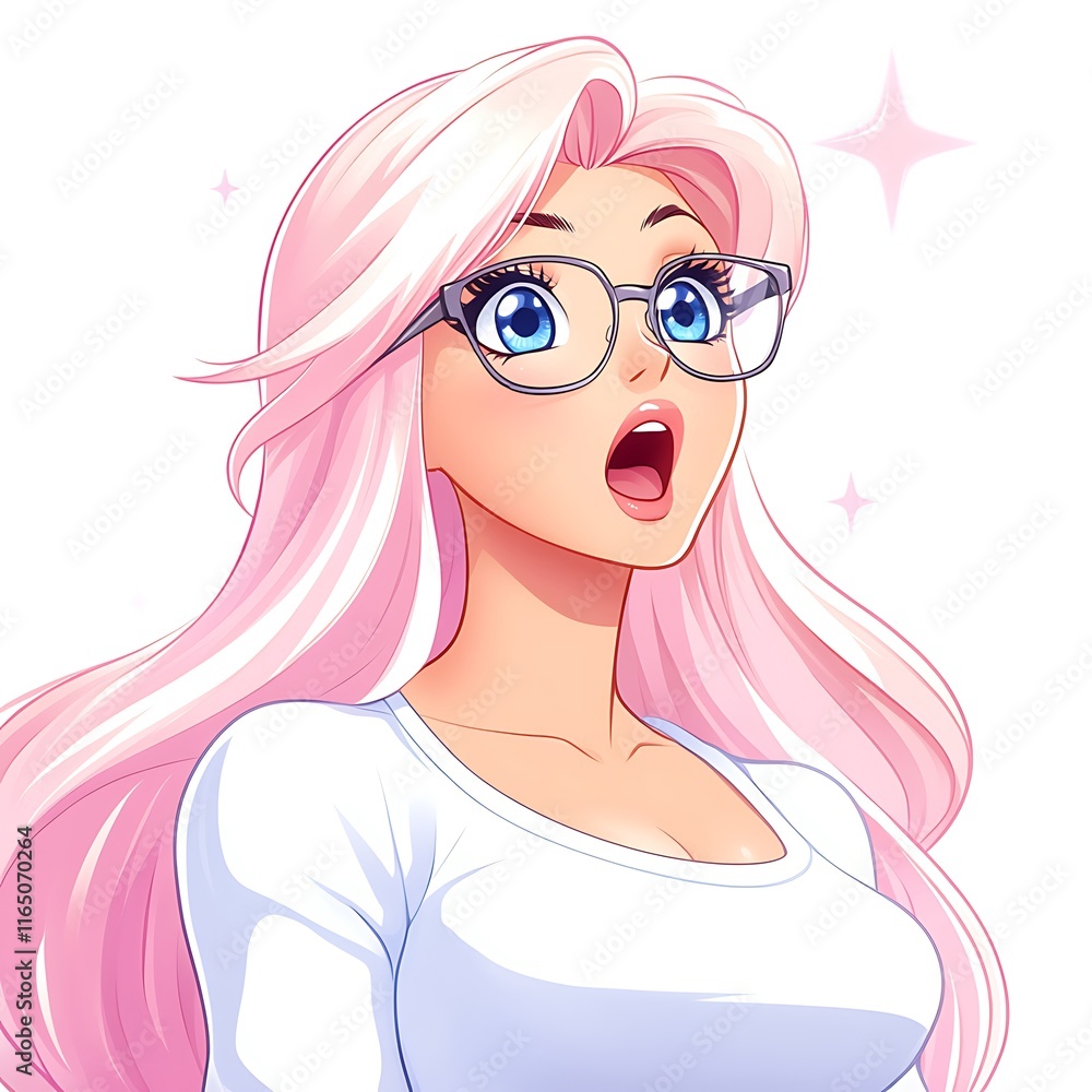 Amazed anime girl with pink hair and glasses, surprised expression. Amazed anime girl with pink hair and glasses, surprised expression.