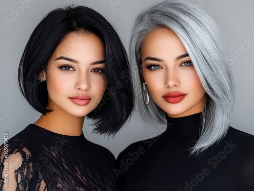 A couple of women with different colored hair styles photo