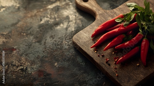 Red Chili Peppers on Wooden Cutting Board