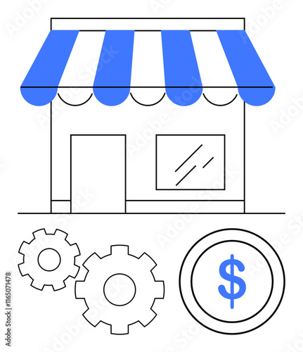 Small shop with blue and white striped awning, two gears, and a dollar sign coin. Ideal for business concepts, entrepreneurship, retail, economic strategies, financial management, small business