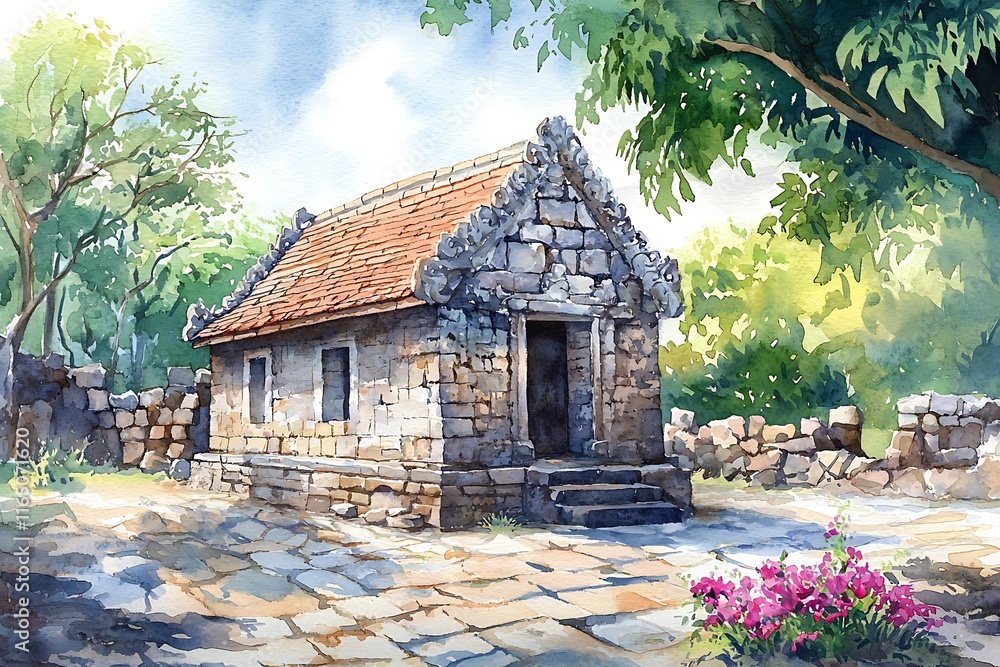 Fototapeta premium Watercolor Painting of an Ancient Stone Structure Nestled Amidst Lush Greenery.