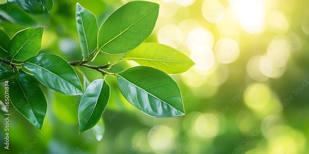 Lush green leaves branch with sunlight bokeh background. Lush green leaves branch with sunlight bokeh background.