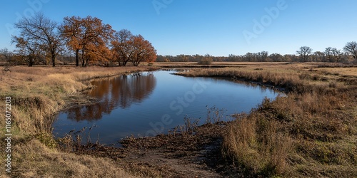 Calm autumn river reflecting trees under a clear blue sky.