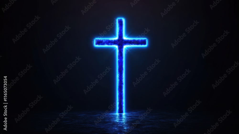 Nighttime Illumination of Christian Cross with Blue Magic Light Ray Nighttime Illumination of Christian Cross with Blue Magic Light Ray