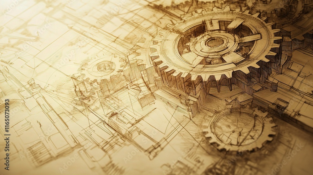Detailed Engineering Drawing of Gears in Abstract Perspective Detailed Engineering Drawing of Gears in Abstract Perspective