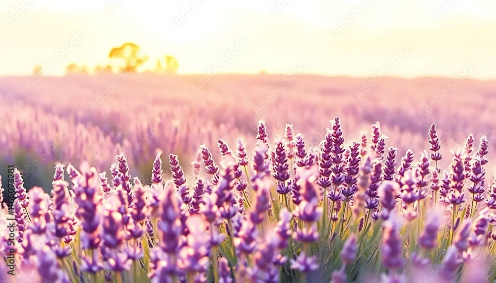Naklejka premium Lavender Field Sunset Golden Hour Blooms