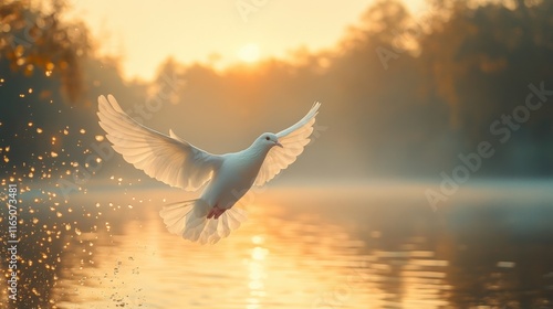 Graceful white dove in flight against a pastel blue sky for peaceful themes photo