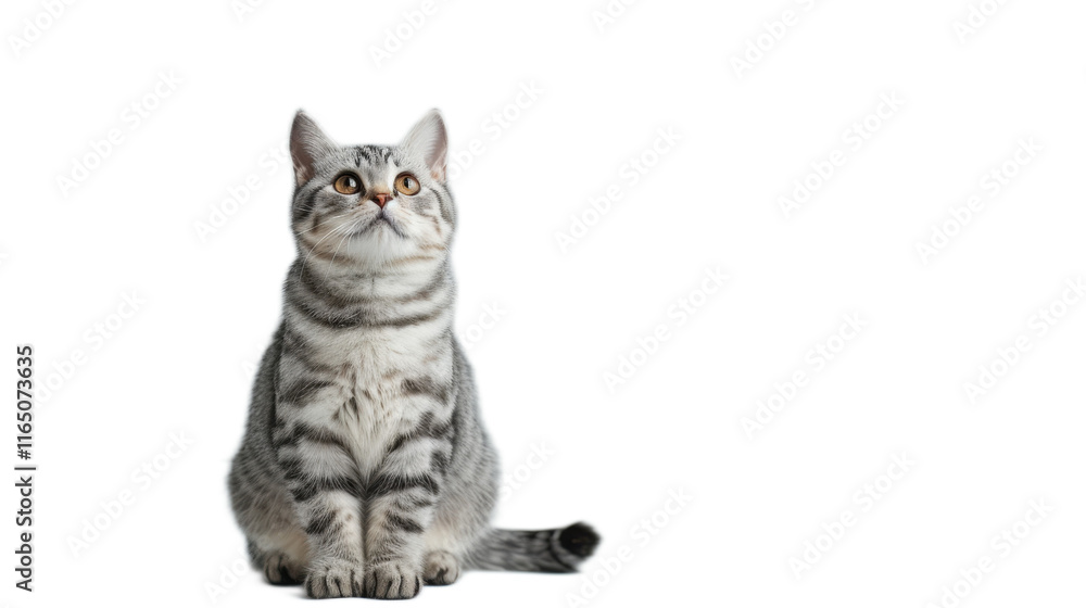 Fototapeta premium Cute American Shorthair Cat Sitting Gracefully with a Playful Expression Against a White Background