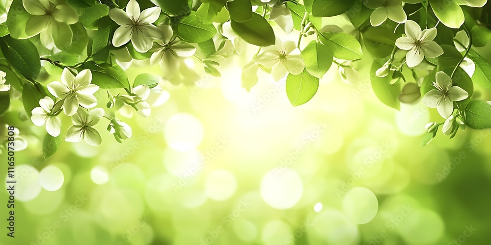 Lush green foliage with delicate white blossoms. Lush green foliage with delicate white blossoms.