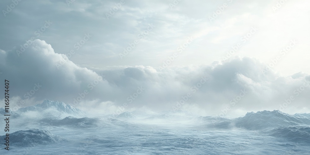 A frozen landscape of icebergs floating in the ocean, with misty clouds overhead A frozen landscape of icebergs floating in the ocean, with misty clouds overhead