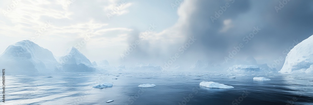 A frozen landscape of icebergs floating in the ocean, with misty clouds overhead A frozen landscape of icebergs floating in the ocean, with misty clouds overhead