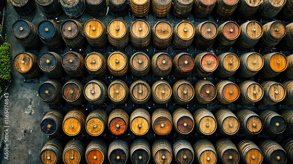 Aerial View of Abstract Beer Barrels Stored in Neat Rows Aerial View of Abstract Beer Barrels Stored in Neat Rows