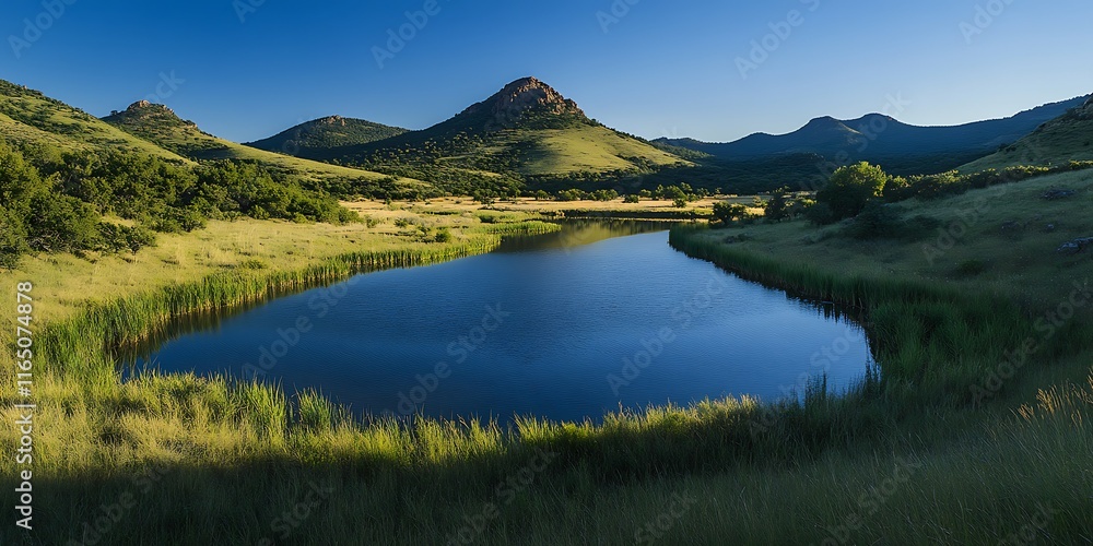 Serene mountain lake landscape at sunrise, reflecting hills and clear blue sky. Serene mountain lake landscape at sunrise, reflecting hills and clear blue sky.