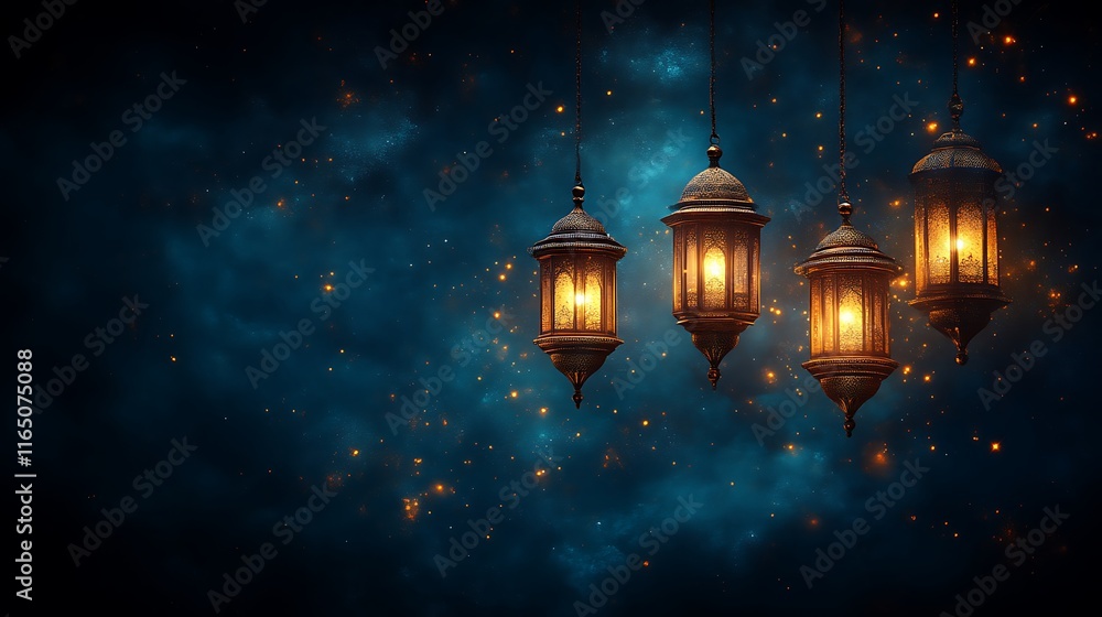 Fototapeta premium Illuminated Hanging Lanterns Against A Dark Starry Sky
