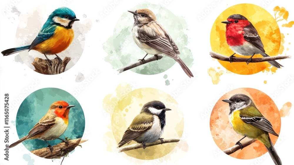 Fototapeta premium Six Watercolor Birds on Branches