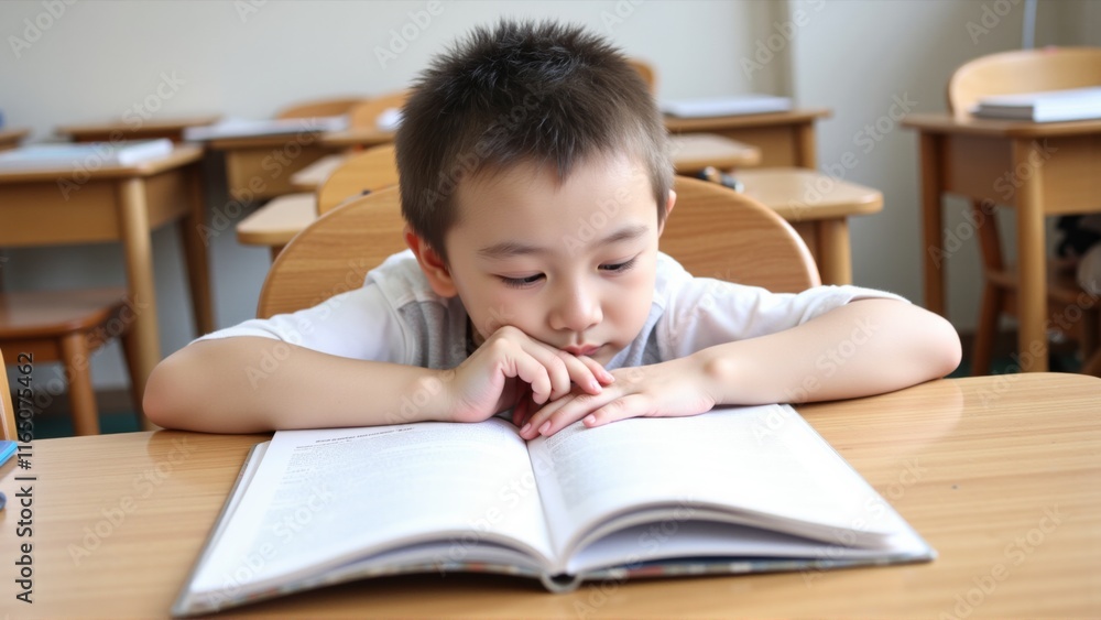 Young child facing challenges while studying in classroom, symbolizing perseverance and determination in overcoming academic difficulties. Young child facing challenges while studying in classroom, symbolizing perseverance and determination in overcoming academic difficulties.