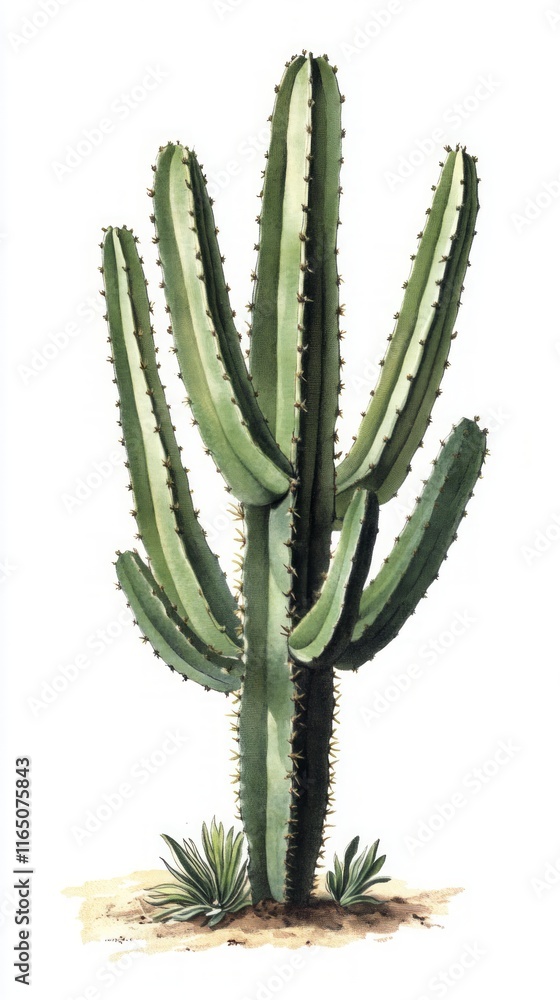 A Majestic Desert Cactus in Vivid Botanical Illustration A Majestic Desert Cactus in Vivid Botanical Illustration