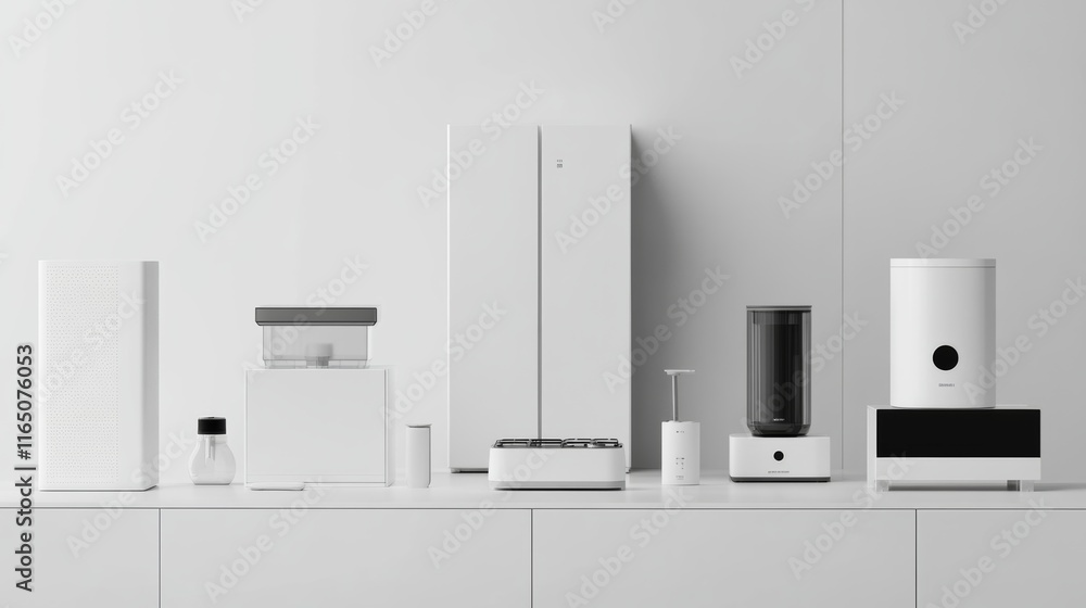 Modern home appliances on white background, a sleek and diverse collection of high-tech appliances including refrigerators, blenders, and washing machines in a minimalist setup Modern home appliances on white background, a sleek and diverse collection of high-tech appliances including refrigerators, blenders, and washing machines in a minimalist setup