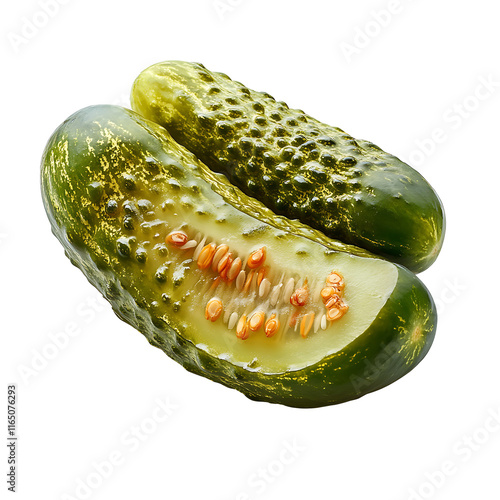 Fresh juicy pickles sliced one half showing seeds Transparent Background. photo