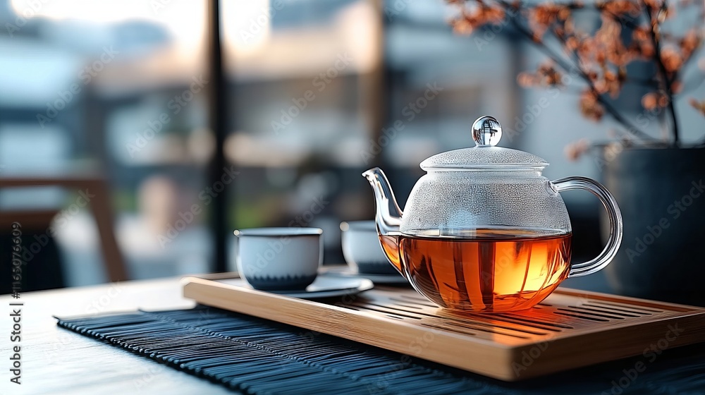 A teapot sitting on top of a wooden tray on a table A teapot sitting on top of a wooden tray on a table