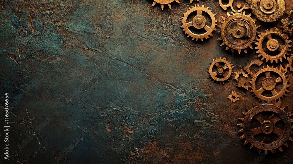 Naklejka premium Industrial Gears with Cog Wheels on Textured Rustic Background