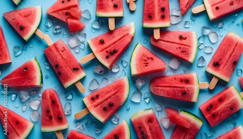 Sliced watermelon pieces arranged like popsicles on a blue background with ice drops.