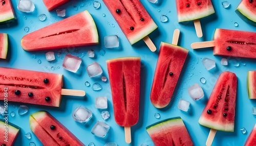 Sliced watermelon pieces arranged like popsicles on a blue background with ice drops.