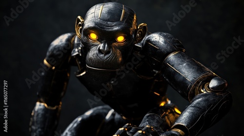 Dark metallic robotic ape with glowing eyes. photo