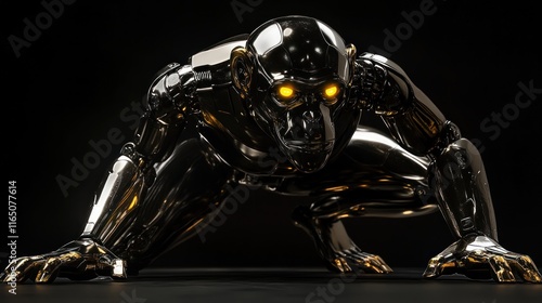 Chrome robotic ape crouching in dark. photo