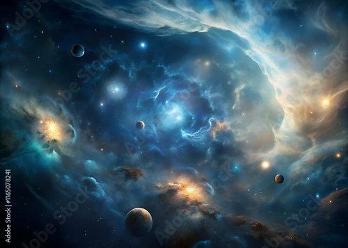 A swirling nebula with glowing stars and planets.