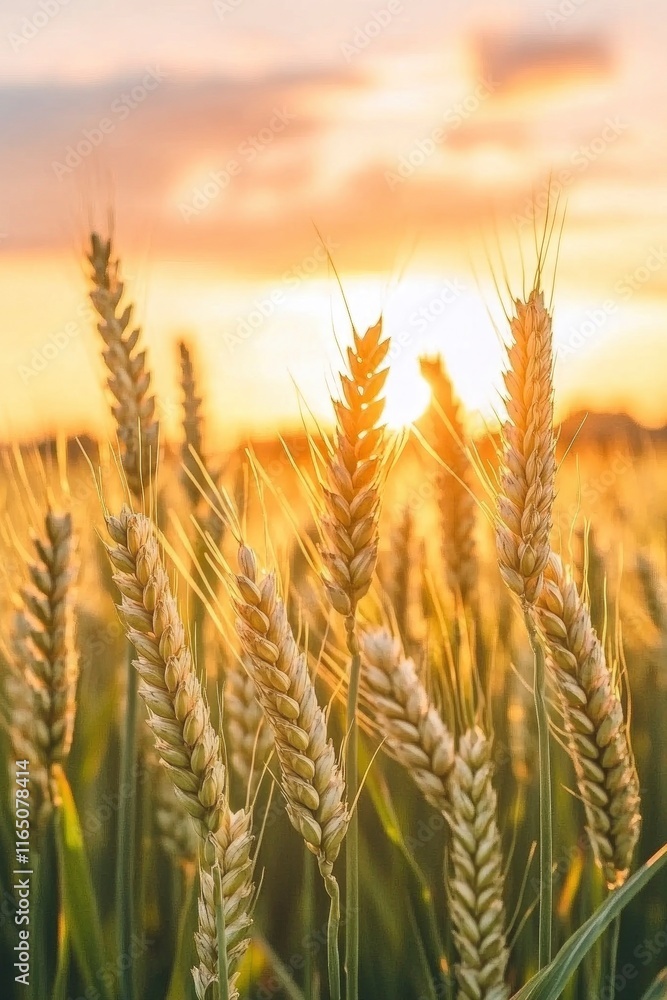 Fototapeta premium A field of green wheat in the foreground, with the sun setting behind it