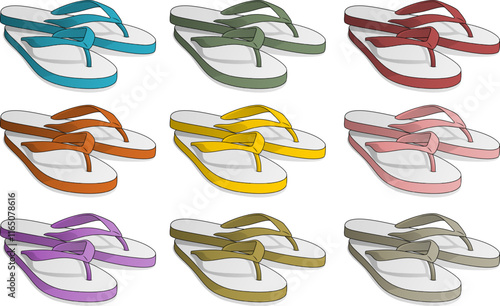 nine pairs of flip-flops in different colors, arranged in a 3x3 grid, highlighting the variety and vibrancy of the footwear