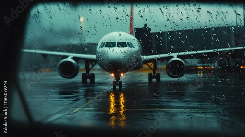 Airplane on the tarmac captured through raindrops.  photo