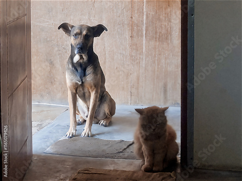 Peaceful Coexistence Dog and Cat Sitting Together in a Quiet Environment