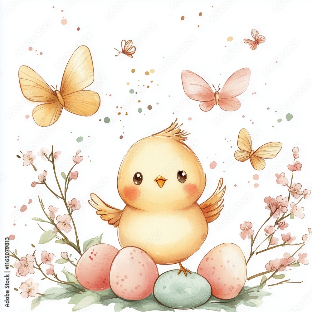 Fototapeta premium Easter card mockup. Watercolor illustration of cute chick with butterflies, blossom flowers, Easter eggs. Spring holiday card, banner, nursery poster, wallpaper, background. Square card template