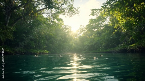 Sunlit river flowing through lush green jungle.