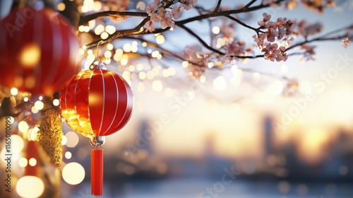 Celebrating lunar new year with vibrant lanterns urban skyline festive photography evening glow cultural traditions photo