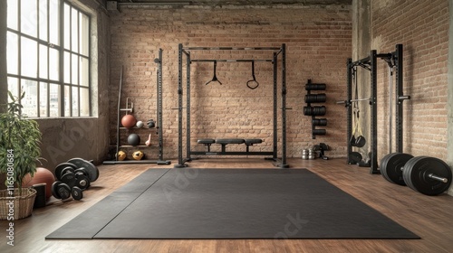 Industrial gym interior with equipment. (1)