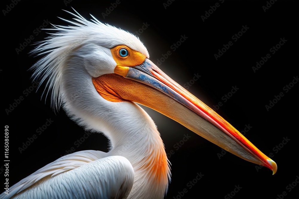 White Pelican Orange Beak Blue Eyes Black Background White Pelican Orange Beak Blue Eyes Black Background