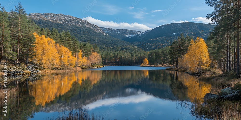 Serene autumn lake reflecting golden trees and mountains under a clear sky. Serene autumn lake reflecting golden trees and mountains under a clear sky.