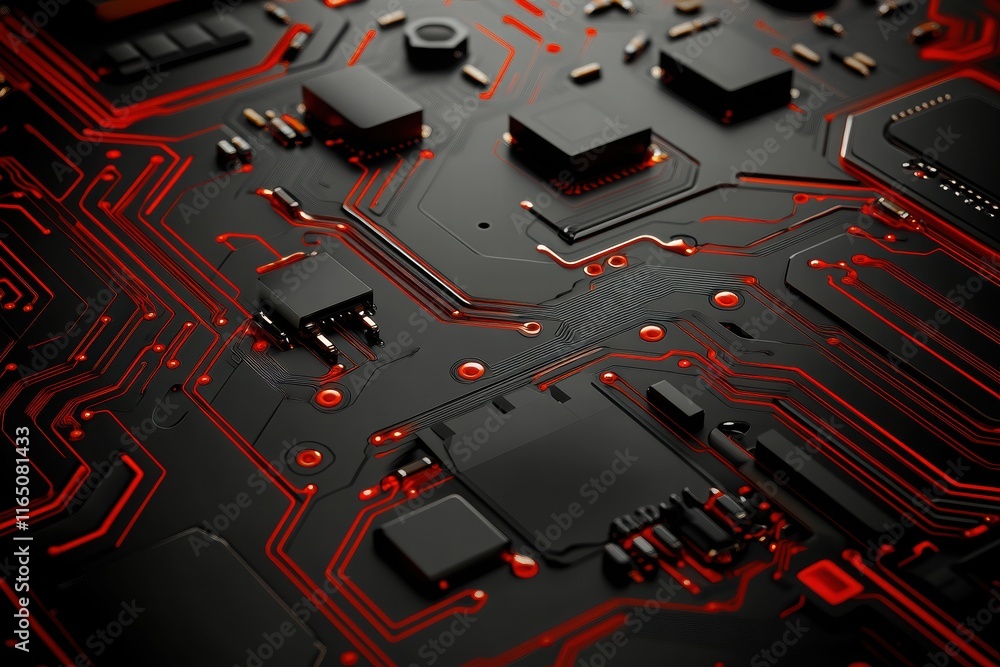 A close-up view of a circuit board with intricate red and black patterns, showcasing electronic components and connections. A close-up view of a circuit board with intricate red and black patterns, showcasing electronic components and connections.