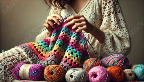 Crafting Joy, A Vibrant Crochet Journey with Multicolored Yarn and Intricate Patterns by a Skilled Artisan
