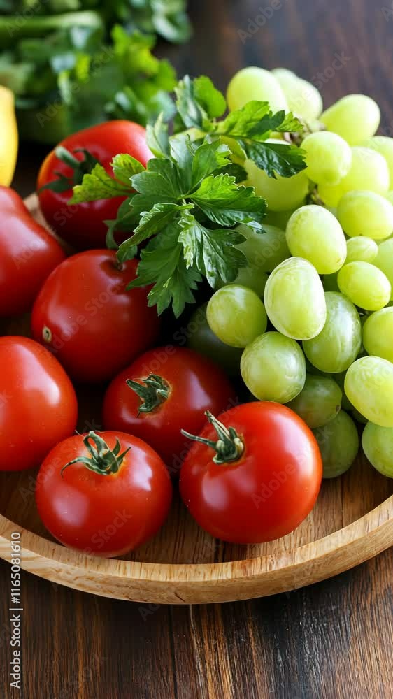 Fresh tomatoes and green grapes arranged beautifully on a wooden platter in a cozy kitchen setting Fresh tomatoes and green grapes arranged beautifully on a wooden platter in a cozy kitchen setting