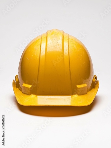 A bright yellow hard hat is prominently displayed against a white background, with studio lighting accentuating its texture and form, symbolizing safety in construction. photo