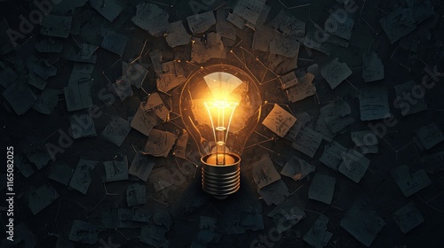 Brainstorming ideas and mind-mapping concepts in a dark environment with a bright light bulb